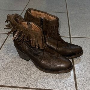 AllSaints Fringe Leather Ankle Boots – Brown Western Style – Size EU 38 / US 7.5